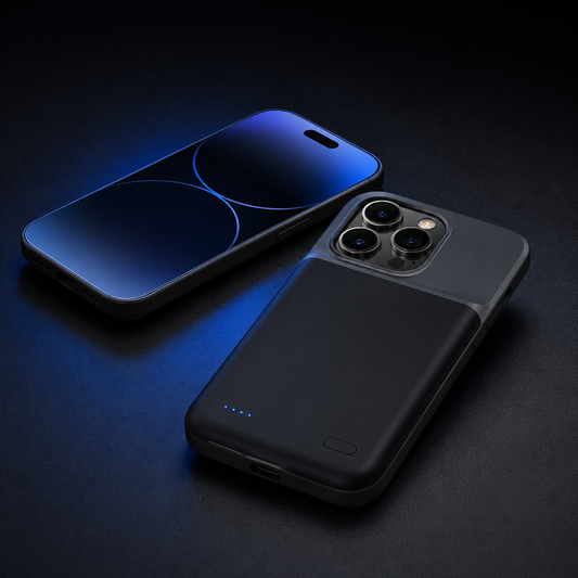 XAVREON 5000mAh battery case for iPhone, studio shot with phone